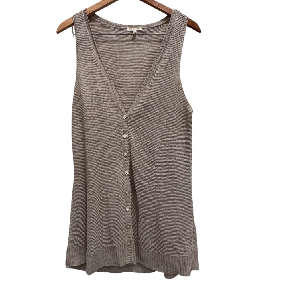 Eileen Fisher Taupe Ribbed Knit Sleeveless Button Front Top